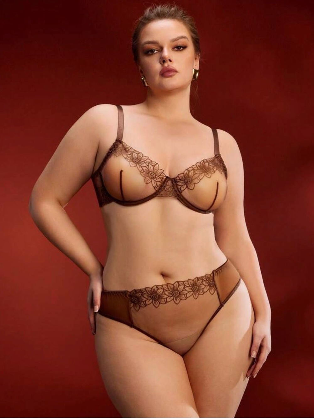 NWOT Sheer Floral Underwire Bra & Brief Set in Brown